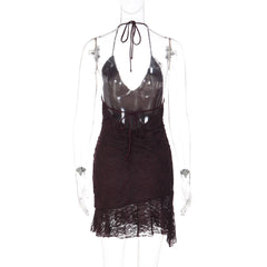 Halter self tie v neck ruffle lace ruched mini dress | Festival Outfits Women