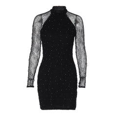 Long sleeve crewneck lace beaded mini dress | Festival Outfits Women