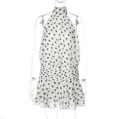 Polka dot halter self tie pleated backless mini dress | Festival Outfits Women