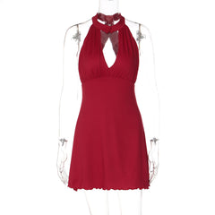 Hollow out ruffle button solid backless mini dress | Festival Outfits Women
