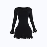 Long flared sleeve ruffle round neck mini dress | Festival Outfits Women