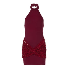 Glitter ruched button halter backless mini dress | Festival Outfits Women