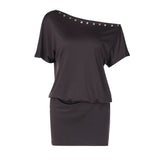 Short sleeve irregular button applique mini dress | Festival Outfits Women