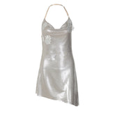 Irregular cowl neck embroidery halter mini dress | Festival Outfits Women