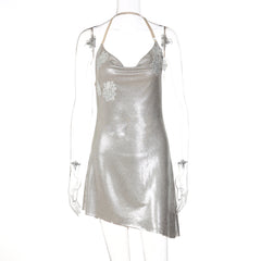 Irregular cowl neck embroidery halter mini dress | Festival Outfits Women