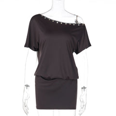 Short sleeve irregular button applique mini dress | Festival Outfits Women