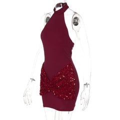 Glitter ruched button halter backless mini dress | Festival Outfits Women
