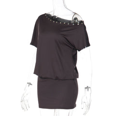 Short sleeve irregular button applique mini dress | Festival Outfits Women