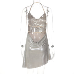 Irregular cowl neck embroidery halter mini dress | Festival Outfits Women