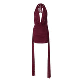 Halter cowl neck self tie water drop applique mini dress | Festival Outfits Women
