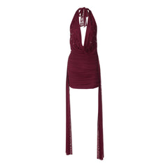 Halter cowl neck self tie water drop applique mini dress | Festival Outfits Women
