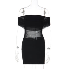 Off shoulder mesh backless solid mini dress | Festival Outfits Women