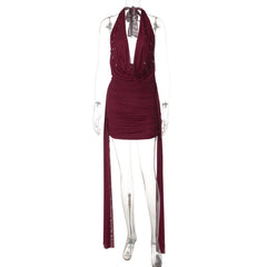 Halter cowl neck self tie water drop applique mini dress | Festival Outfits Women