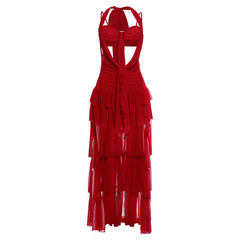 Self tie halter hollow out ruffle mesh mini dress | Festival Outfits Women