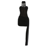 High neck ruched irregular mesh solid mini dress | Festival Outfits Women