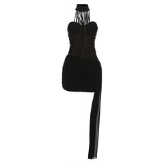 High neck ruched irregular mesh solid mini dress | Festival Outfits Women