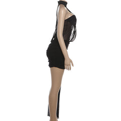 High neck ruched irregular mesh solid mini dress | Festival Outfits Women