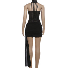 High neck ruched irregular mesh solid mini dress | Festival Outfits Women