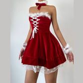 Fluffy lace up velvet backless tube mini dress | Festival Outfits Women