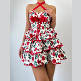 Bowknot flower print lace hem cross front mini dress | Festival Outfits Women