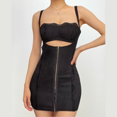 Square neck lace backless hollow out button solid cami cut out mini dress | Festival Outfits Women