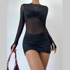 Long sleeve crewneck mesh ruched mini dress | Festival Outfits Women