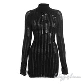 Long sleeve high neck hollow out solid mini dress