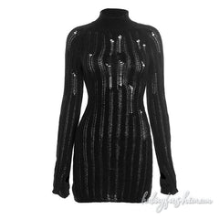 Long sleeve high neck hollow out solid mini dress