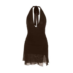 Halter self tie deep v neck slit ruched mini dress | Festival Outfits Women