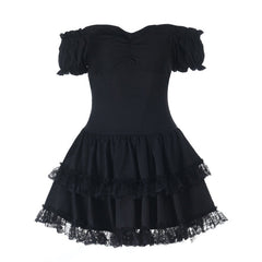 Lace hem off shoulder smocked ruched mini dress | Festival Outfits Women