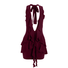 Halter self tie ruched deep v neck ruffle mini dress | Festival Outfits Women