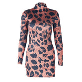 High neck leopard print long sleeve mini dress | Festival Outfits Women | Leopard Print Mini Dress