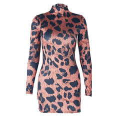High neck leopard print long sleeve mini dress | Festival Outfits Women | Leopard Print Mini Dress