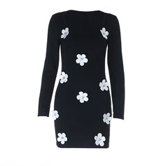 Long sleeve u neck flower applique mini dress | Festival Outfits Women