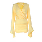 Long flared sleeve v neck ruched solid mini dress | Festival Outfits Women