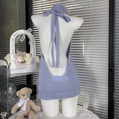 High neck halter self tie backless knitted mini dress | Festival Outfits Women