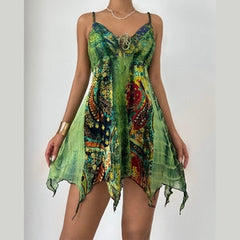 Self tie v neck print lace patchwork cami mini dress | Festival Outfits Women