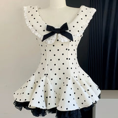 Polka dot lace hem bowknot ruffle mini dress | Festival Outfits Women