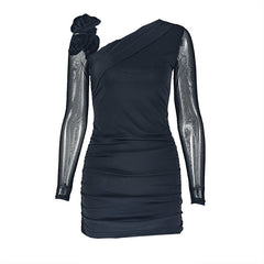 Long sleeve flower applique ruched mini dress | Festival Outfits Women