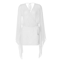Long sleeve v neck backless mesh self tie mini dress | Festival Outfits Women