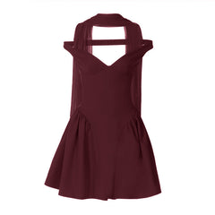 V neck off shoulder solid zip-up mini dress | Festival Outfits Women