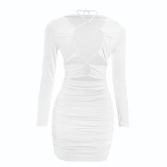 Ruched long sleeve hollow out self tie cut out mini dress | Festival Outfits Women