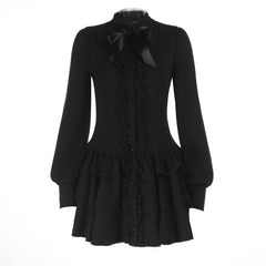 Bowknot long sleeve ruffle solid mini dress | Festival Outfits Women