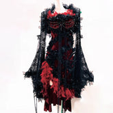 Long flared sleeve lace flower applique irregular mini dress | Festival Outfits Women
