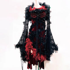 Long flared sleeve lace flower applique irregular mini dress | Festival Outfits Women