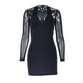 Long sleeve mesh patchwork padded mini dress | Festival Outfits Women