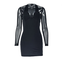 Long sleeve mesh patchwork padded mini dress | Festival Outfits Women