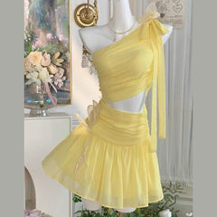 One shoulder chiffon self tie irregular mini dress | Festival Outfits Women