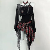 Long sleeve irregular plaid ruffle 2 piece mini dress | Festival Outfits Women