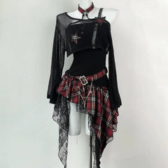 Long sleeve irregular plaid ruffle 2 piece mini dress | Festival Outfits Women